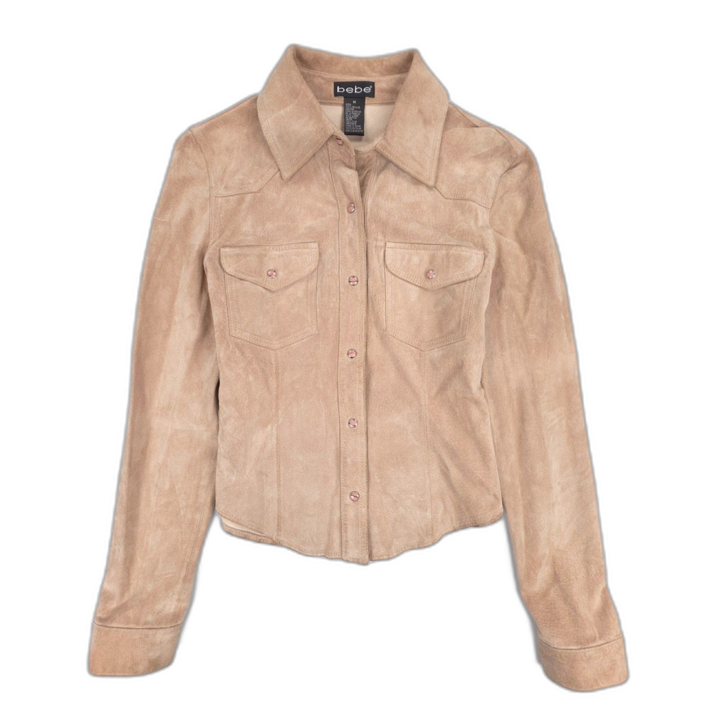 BEBE 90s Suede Leather Pearl Snap Shirt Elevated Western Y2k Downtown Girl Boho